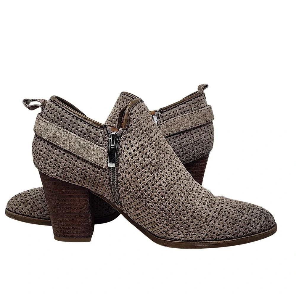 Franco Sarto Ankle Booties 7.5M Women Taupe Perforated Leather Dale 2 Block Heel